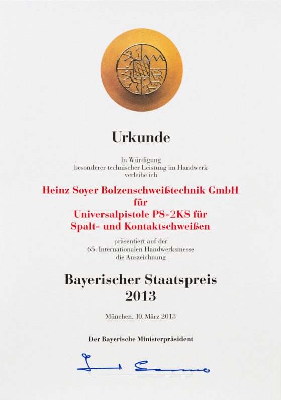 Urkunde Bayerischer Staatspreis 2013