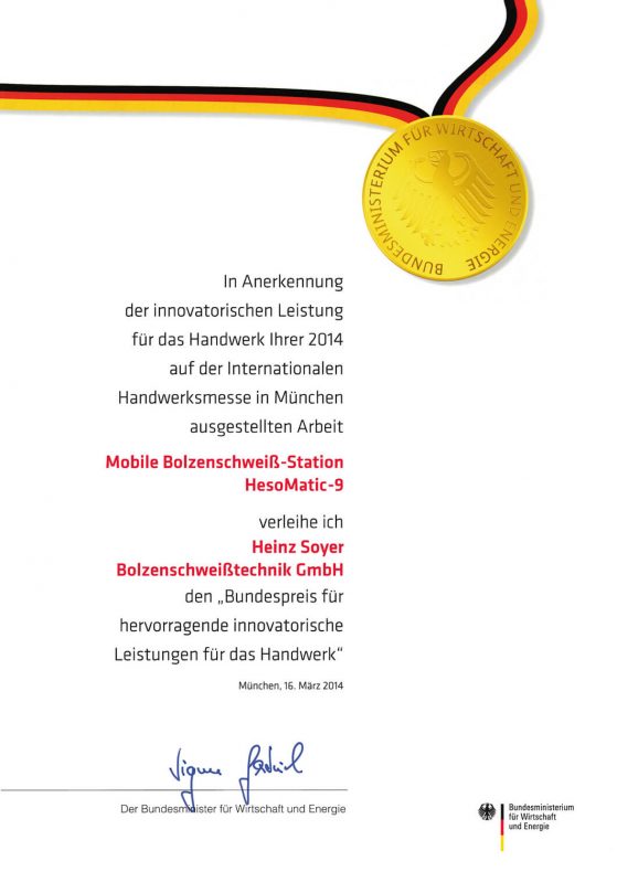 Soyer Urkunde Handwerksmesse Bundespreis 2014