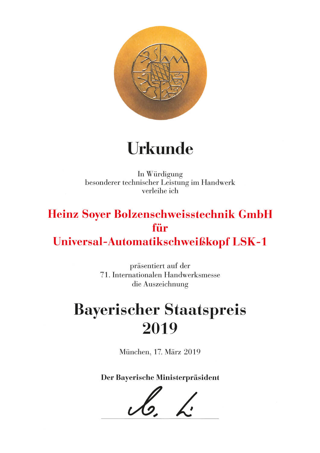 Certificate Bavarian State Prize 2019